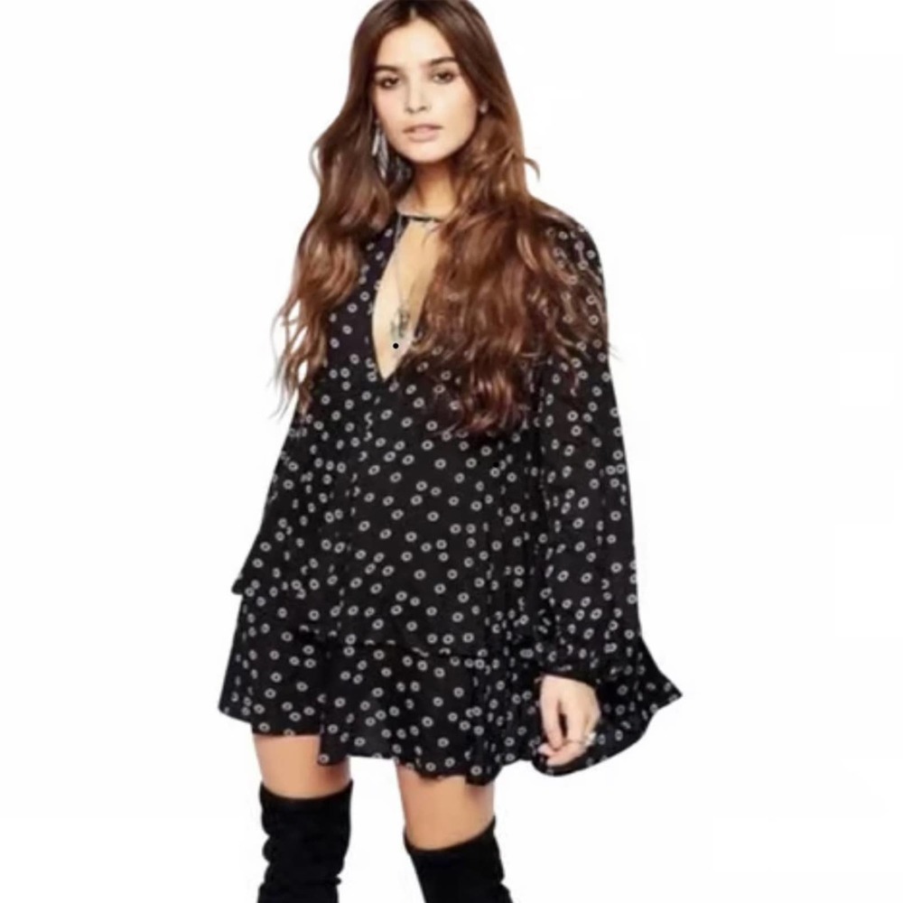 Free People Beck Long Sleeve Swing Dress Floral Black Medium $128 MSRP